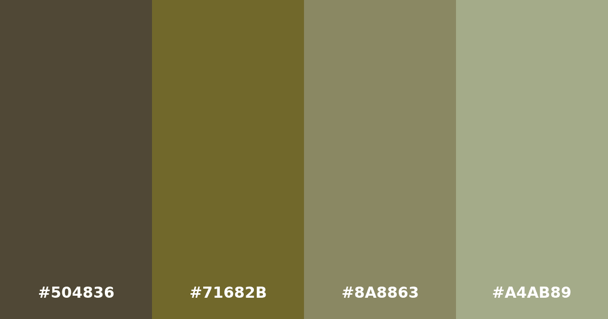 Color palette #504836 #71682B #8A8863 #A4AB89