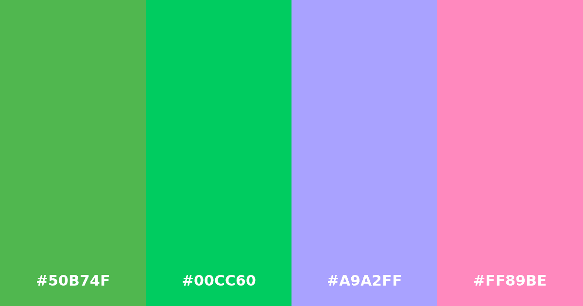 Color palette #50B74F #00CC60 #A9A2FF #FF89BE