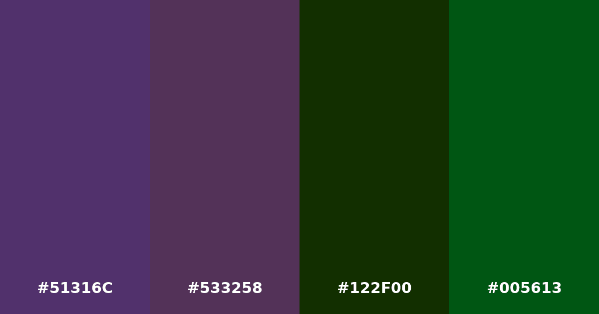 Color palette #51316C #533258 #122F00 #005613