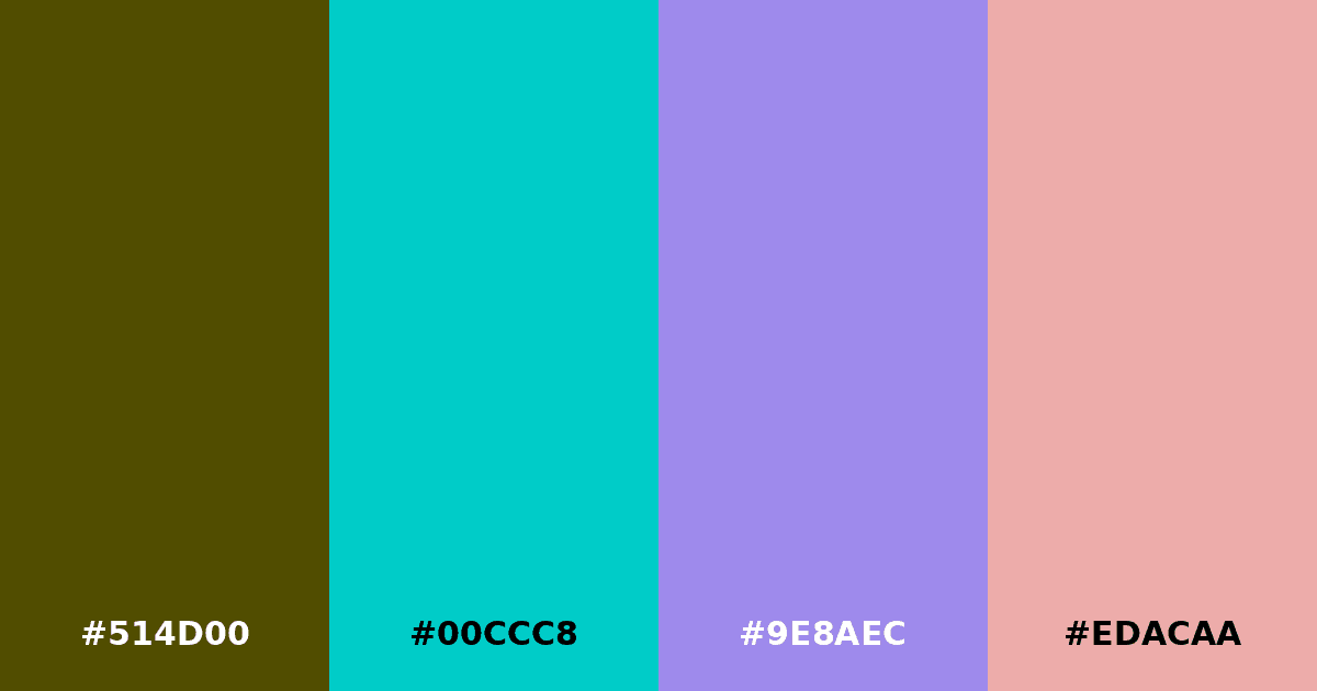 Color palette #514D00 #00CCC8 #9E8AEC #EDACAA