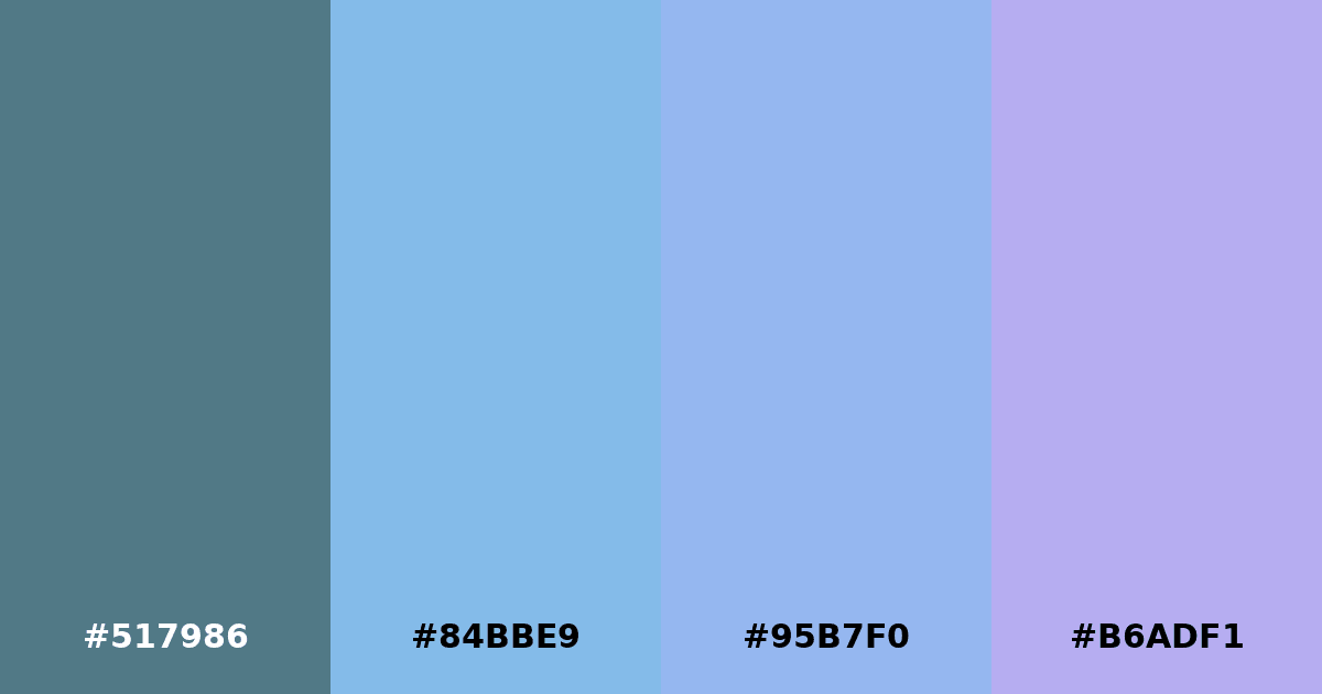 Color palette #517986 #84BBE9 #95B7F0 #B6ADF1