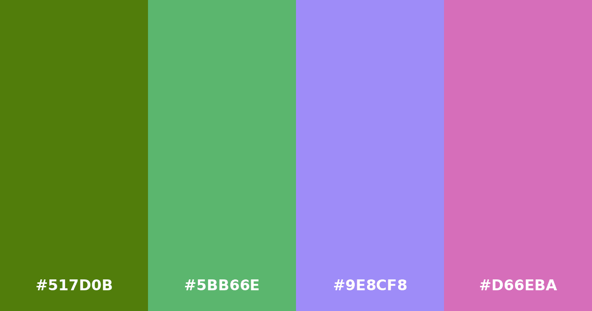 Color palette #517D0B #5BB66E #9E8CF8 #D66EBA