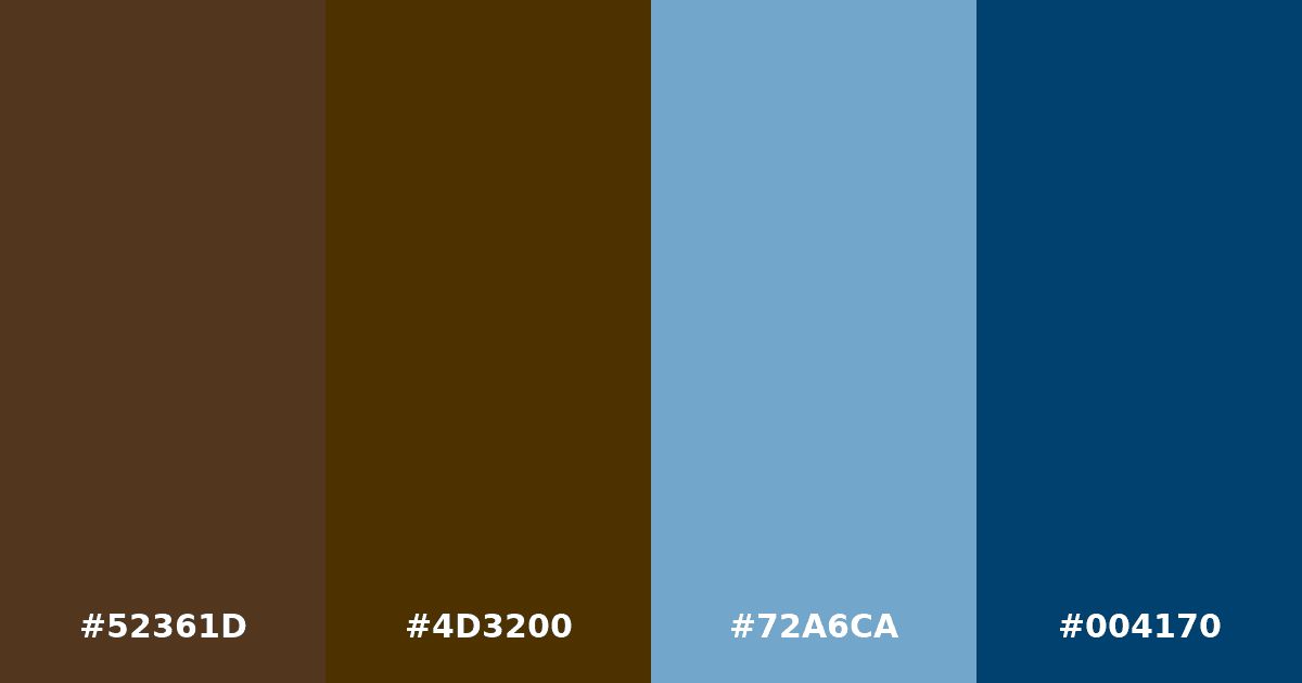 Color palette #52361D #4D3200 #72A6CA #004170