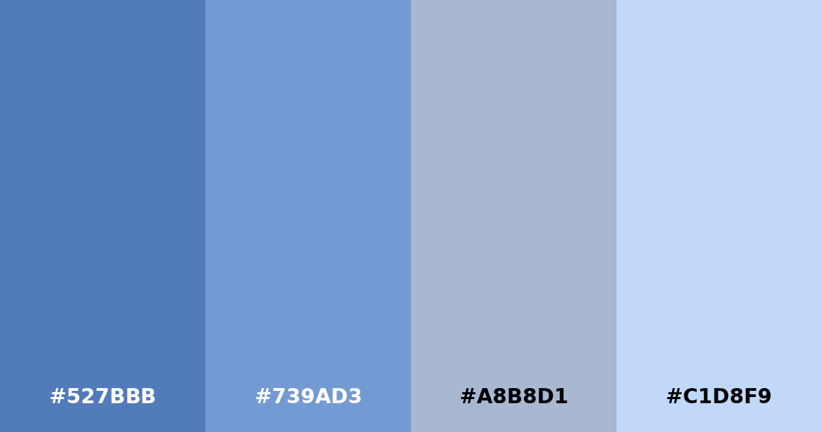 Color palette #527BBB #739AD3 #A8B8D1 #C1D8F9