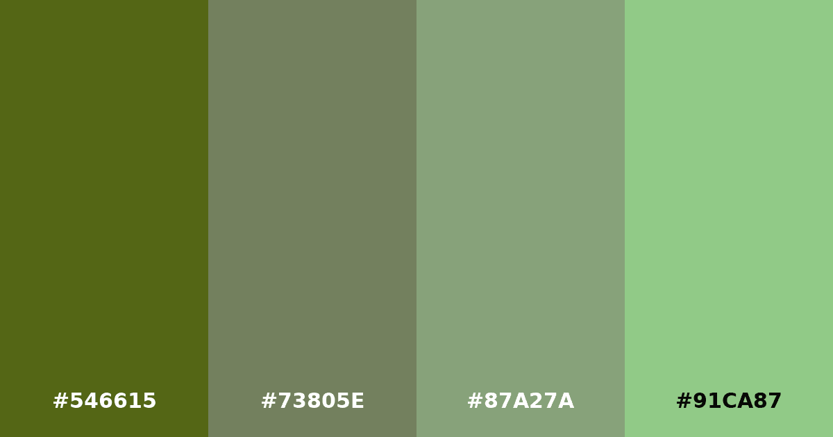 Color palette #546615 #73805E #87A27A #91CA87