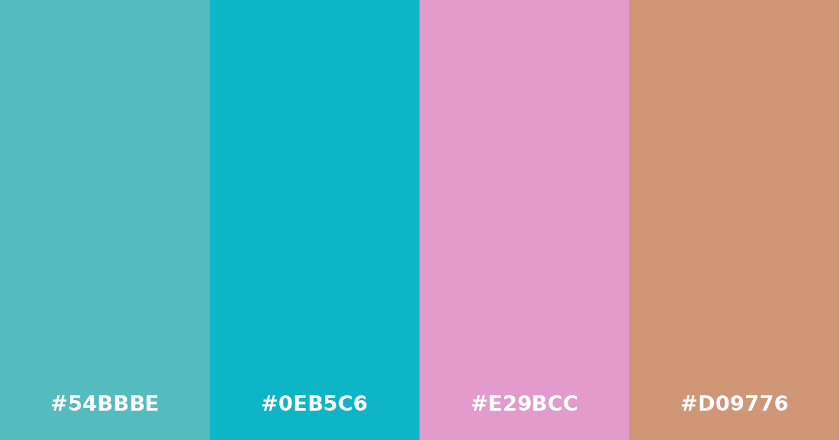 Color palette #54BBBE #0EB5C6 #E29BCC #D09776