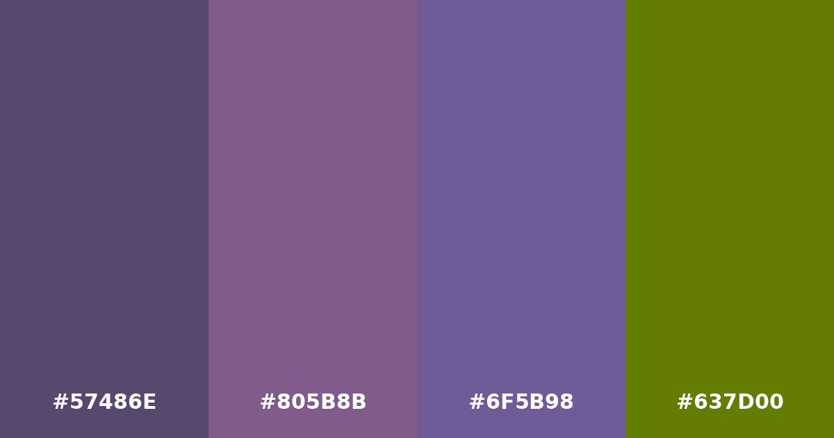 Color palette #57486E #805B8B #6F5B98 #637D00