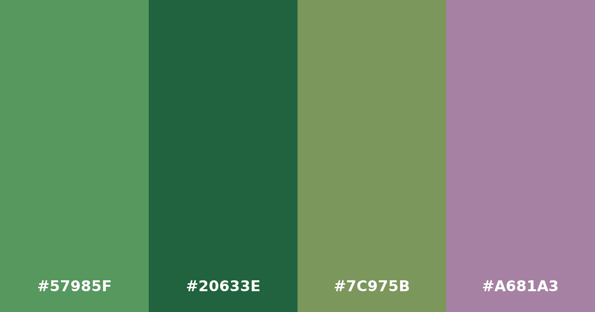 Color palette #57985F #20633E #7C975B #A681A3