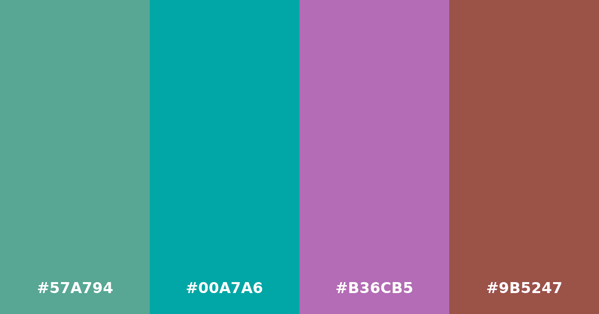Color palette #57A794 #00A7A6 #B36CB5 #9B5247