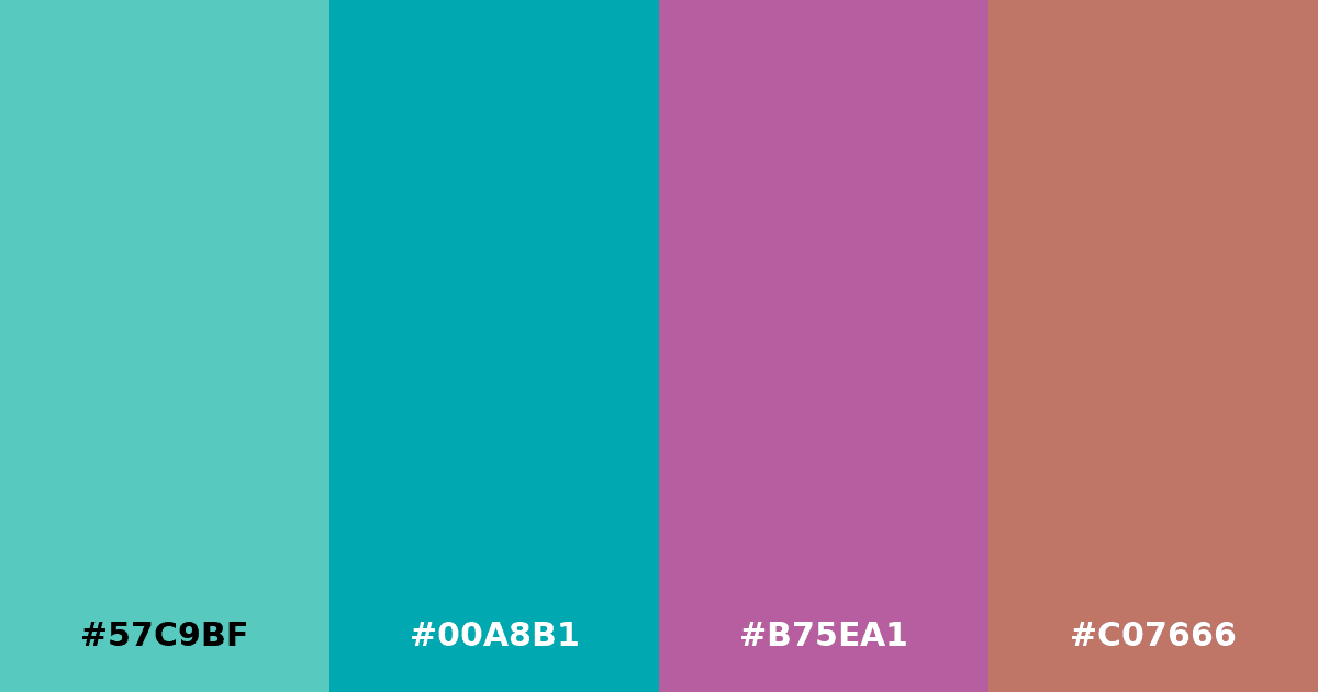 Color palette #57C9BF #00A8B1 #B75EA1 #C07666