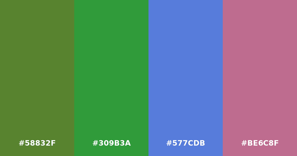 Color palette #58832F #309B3A #577CDB #BE6C8F
