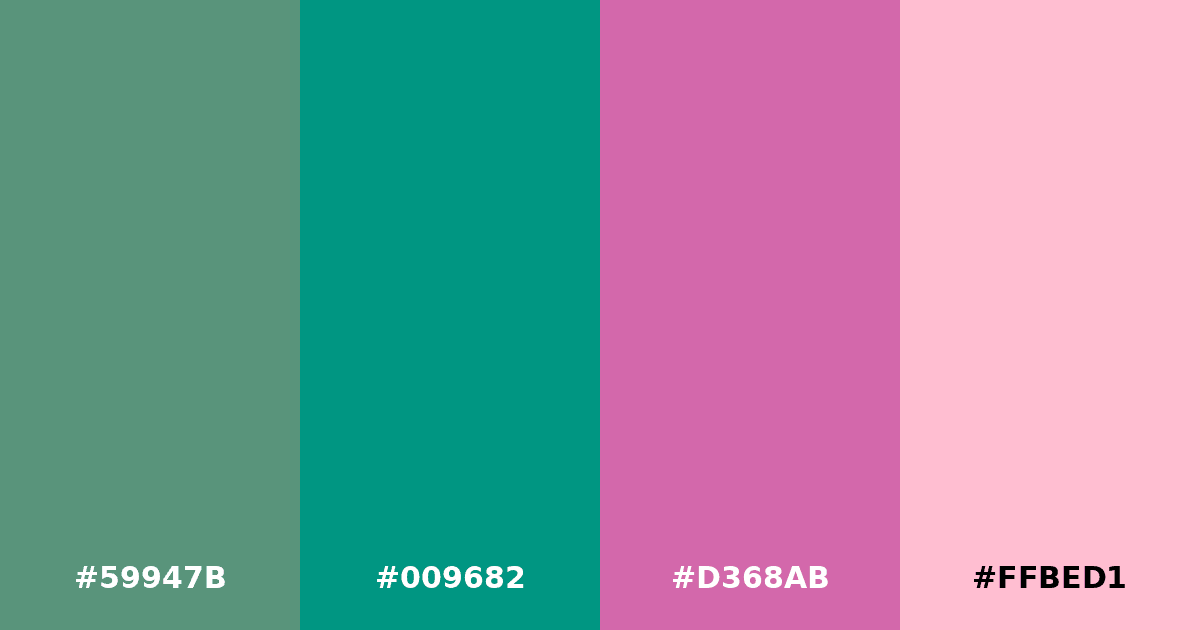 Color palette #59947B #009682 #D368AB #FFBED1