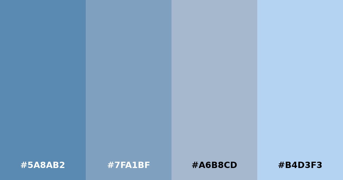 Color palette #5A8AB2 #7FA1BF #A6B8CD #B4D3F3