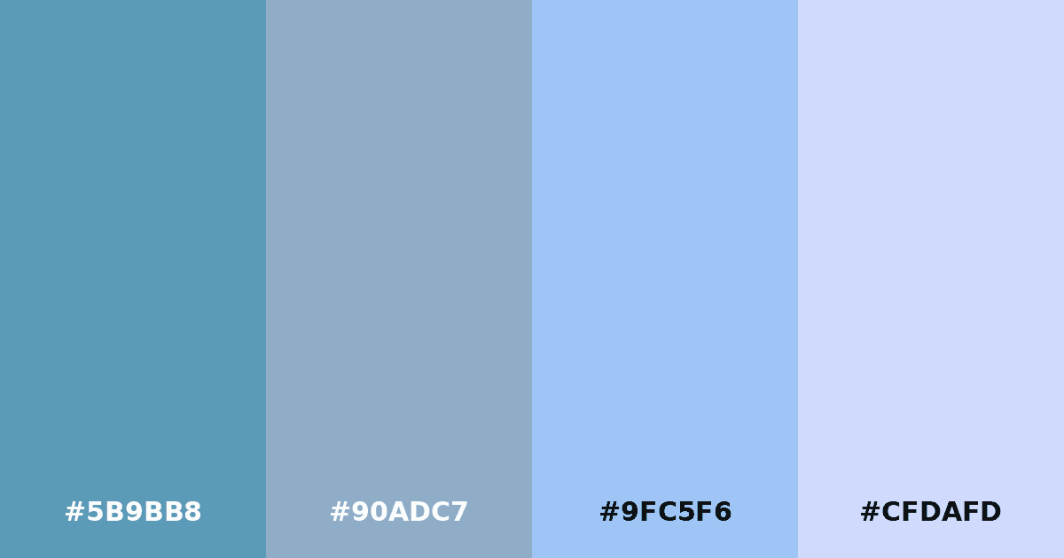 Color palette #5B9BB8 #90ADC7 #9FC5F6 #CFDAFD