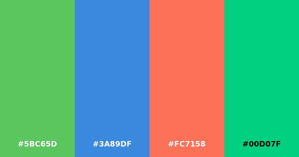 Color palette #5BC65D #3A89DF #FC7158 #00D07F