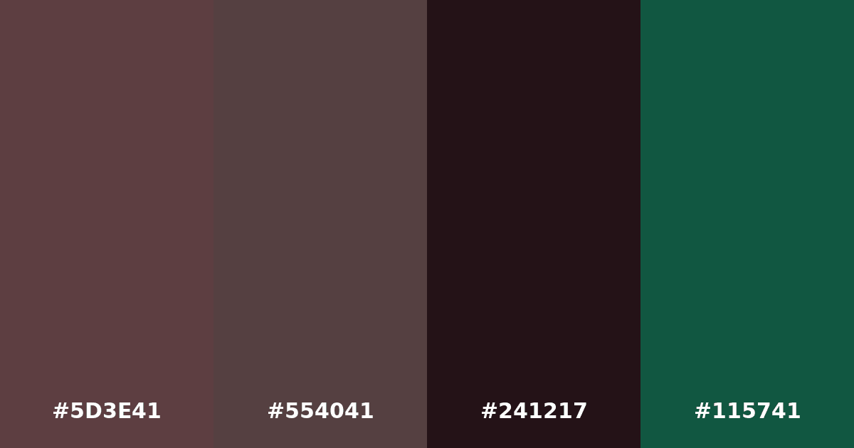 Color palette #5D3E41 #554041 #241217 #115741