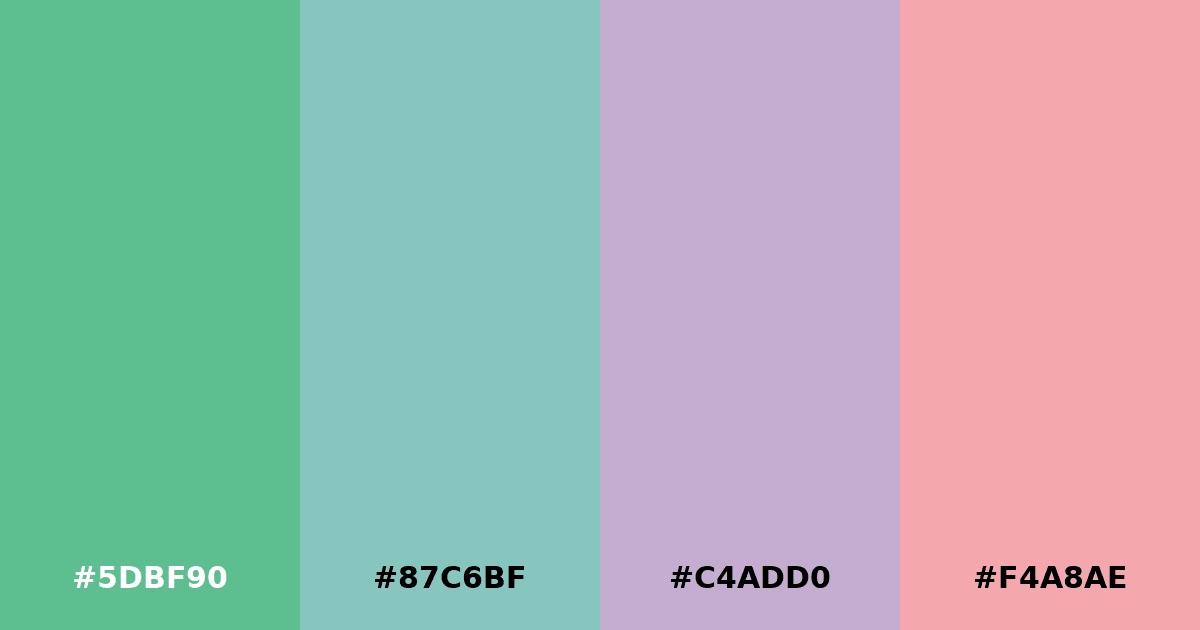 Color palette #5DBF90 #87C6BF #C4ADD0 #F4A8AE