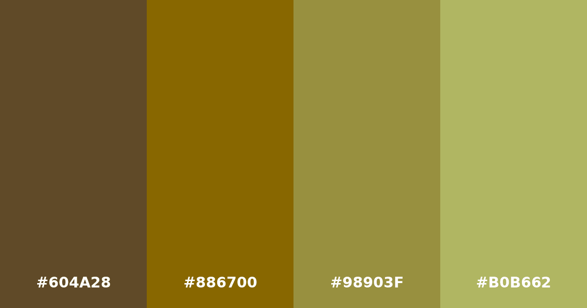 Color palette #604A28 #886700 #98903F #B0B662