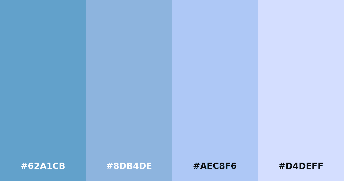 Color palette #62A1CB #8DB4DE #AEC8F6 #D4DEFF