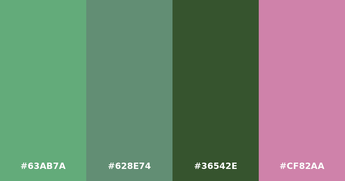 Color palette #63AB7A #628E74 #36542E #CF82AA