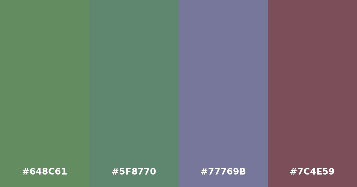 Color palette #648C61 #5F8770 #77769B #7C4E59
