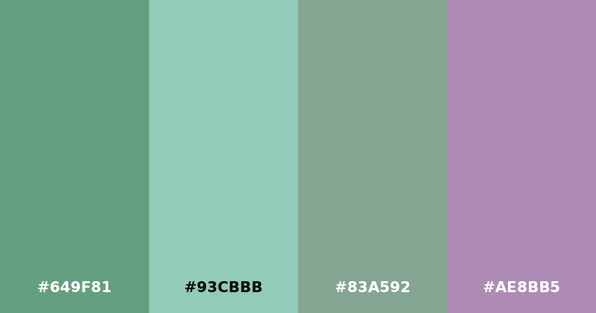 Color palette #649F81 #93CBBB #83A592 #AE8BB5