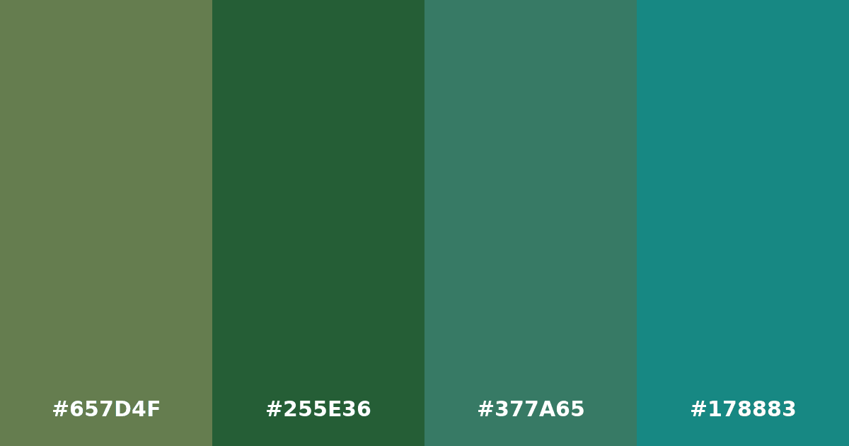 Color palette #657D4F #255E36 #377A65 #178883