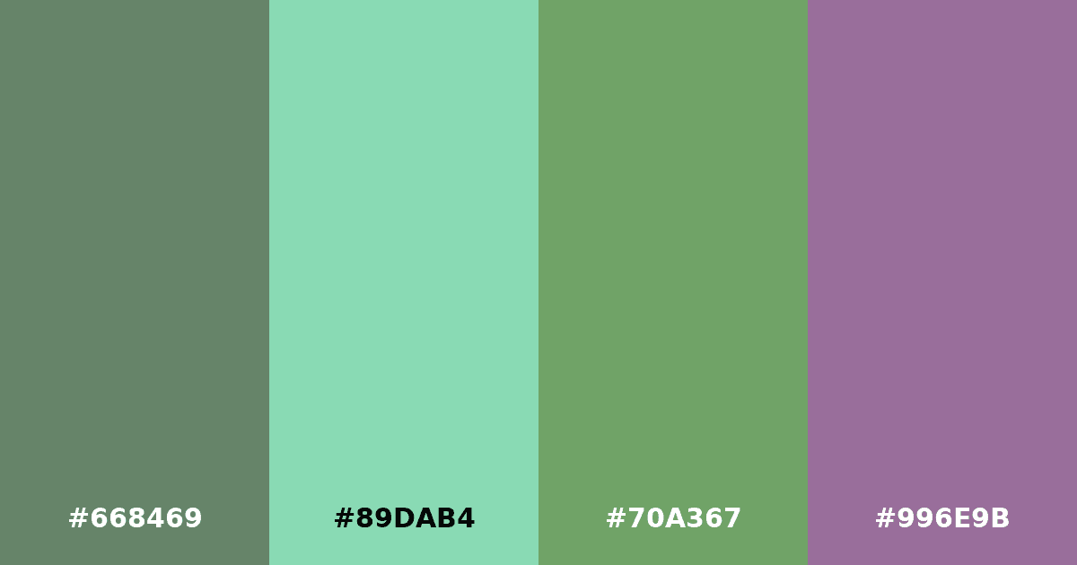 Color palette #668469 #89DAB4 #70A367 #996E9B