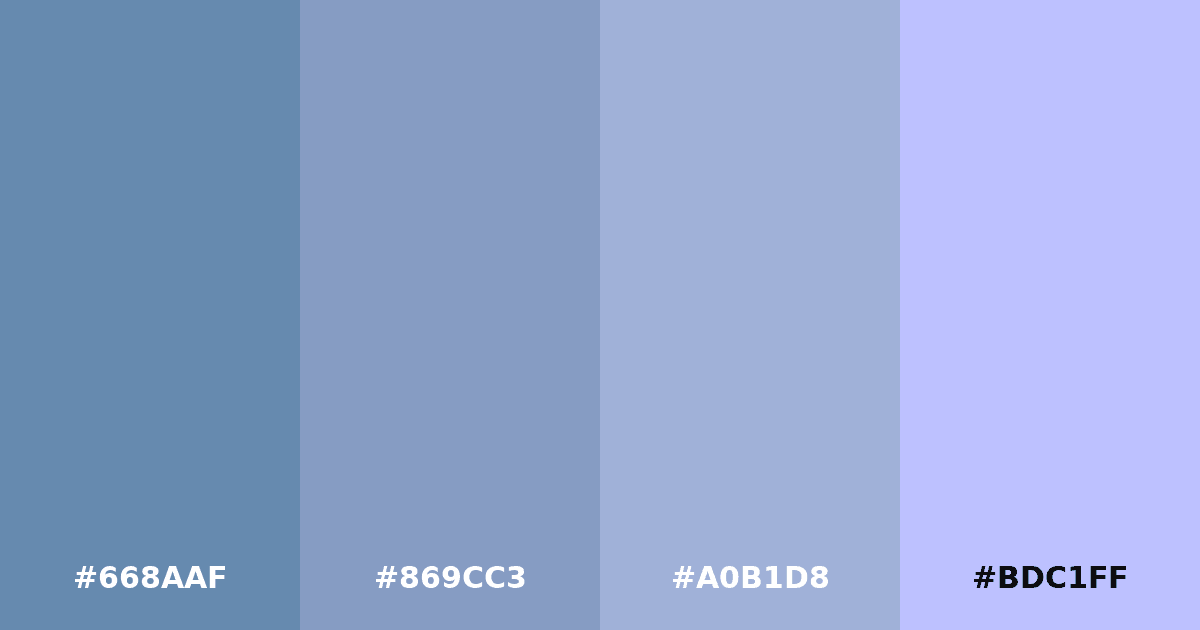 Color palette #668AAF #869CC3 #A0B1D8 #BDC1FF