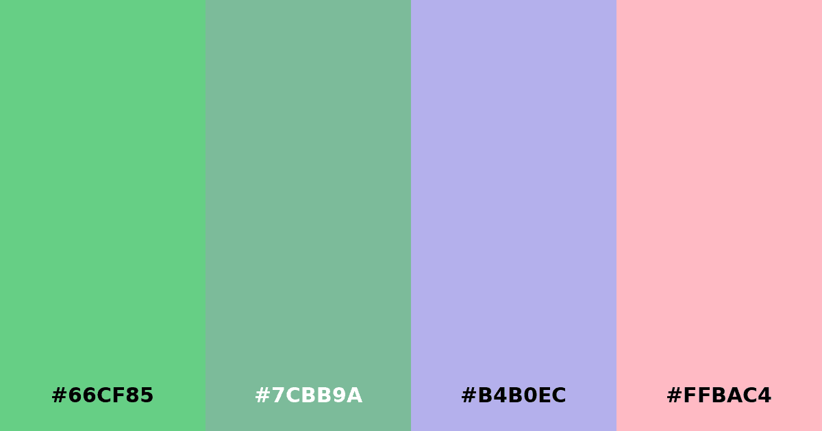 Color palette #66CF85 #7CBB9A #B4B0EC #FFBAC4