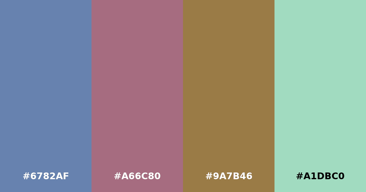 Color palette #6782AF #A66C80 #9A7B46 #A1DBC0