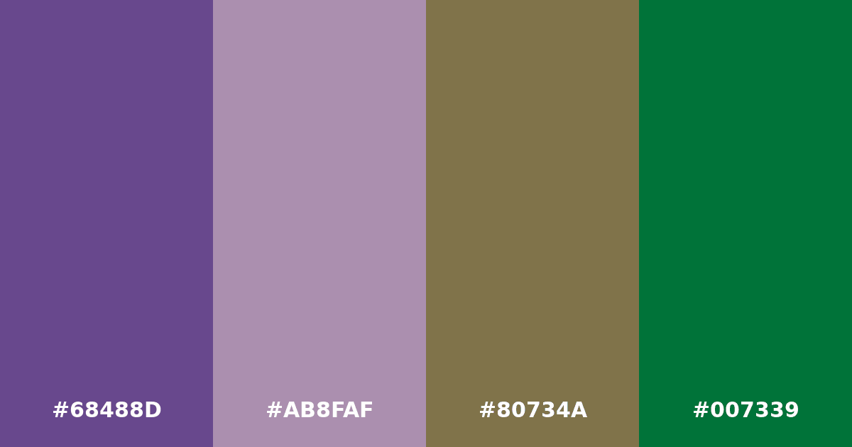 Color palette #68488D #AB8FAF #80734A #007339