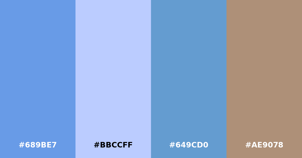 Color palette #689BE7 #BBCCFF #649CD0 #AE9078
