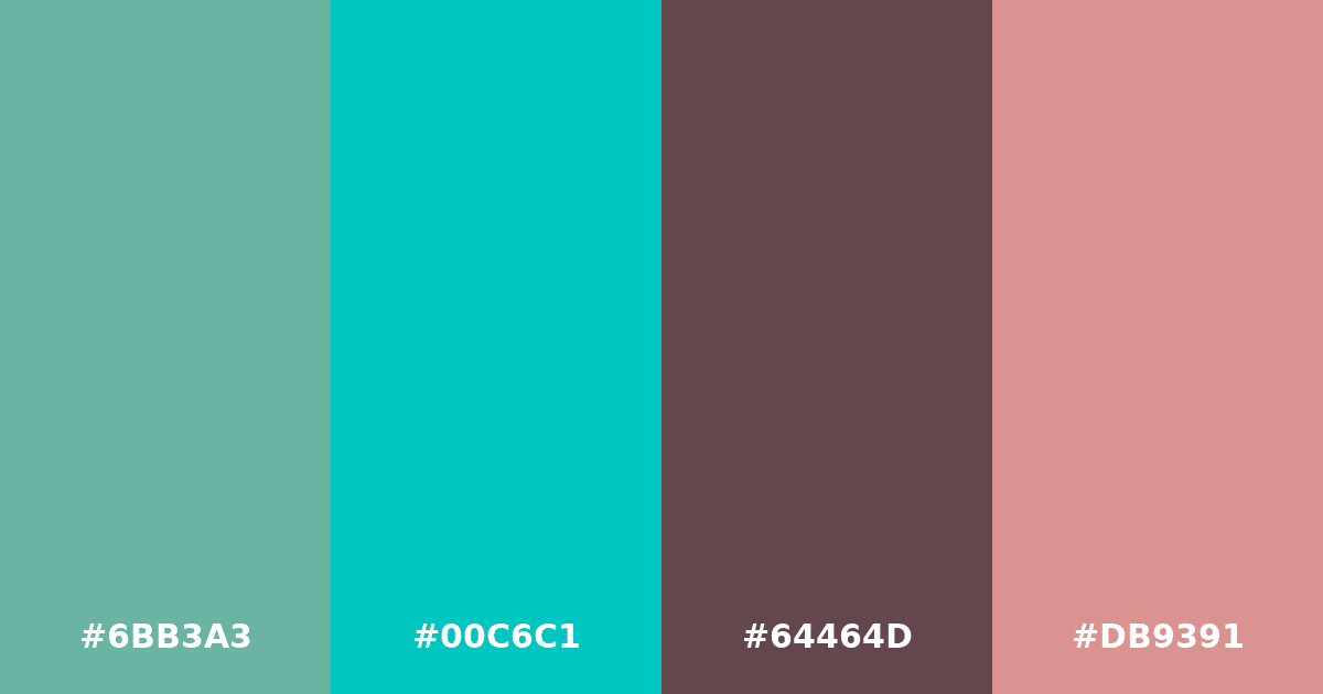 Color palette #6BB3A3 #00C6C1 #64464D #DB9391