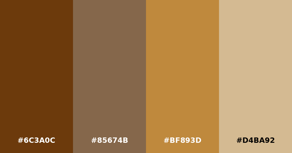 Color palette #6C3A0C #85674B #BF893D #D4BA92