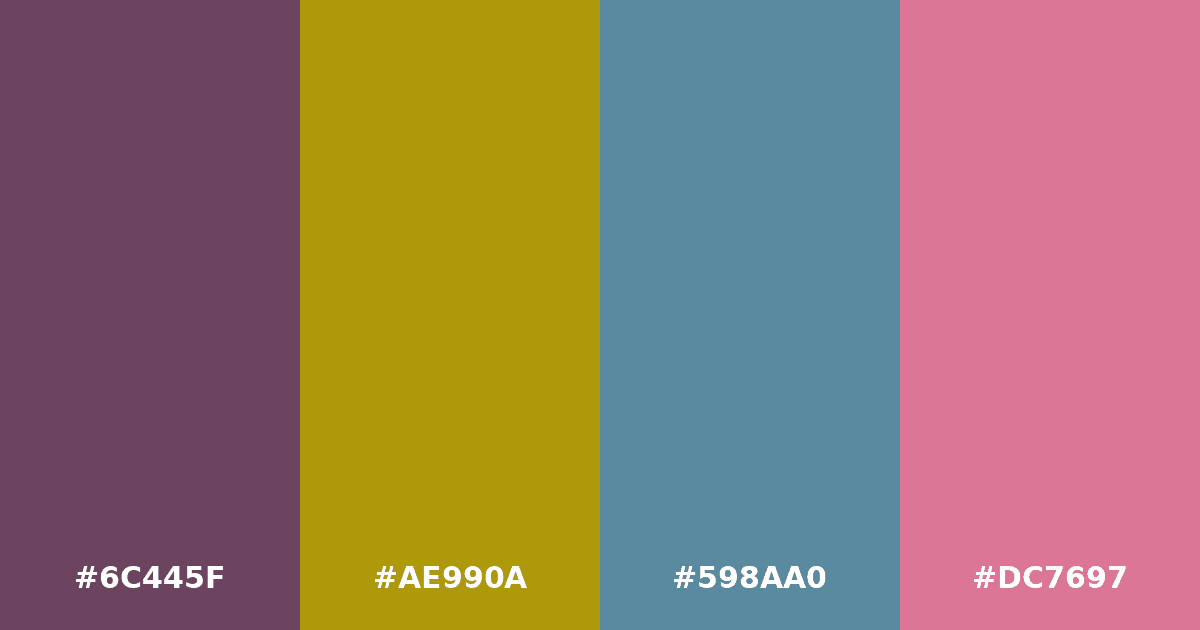 Color palette #6C445F #AE990A #598AA0 #DC7697