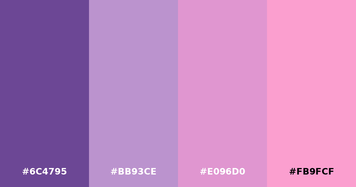 Color palette #6C4795 #BB93CE #E096D0 #FB9FCF