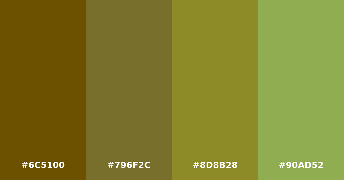 Color palette #6C5100 #796F2C #8D8B28 #90AD52