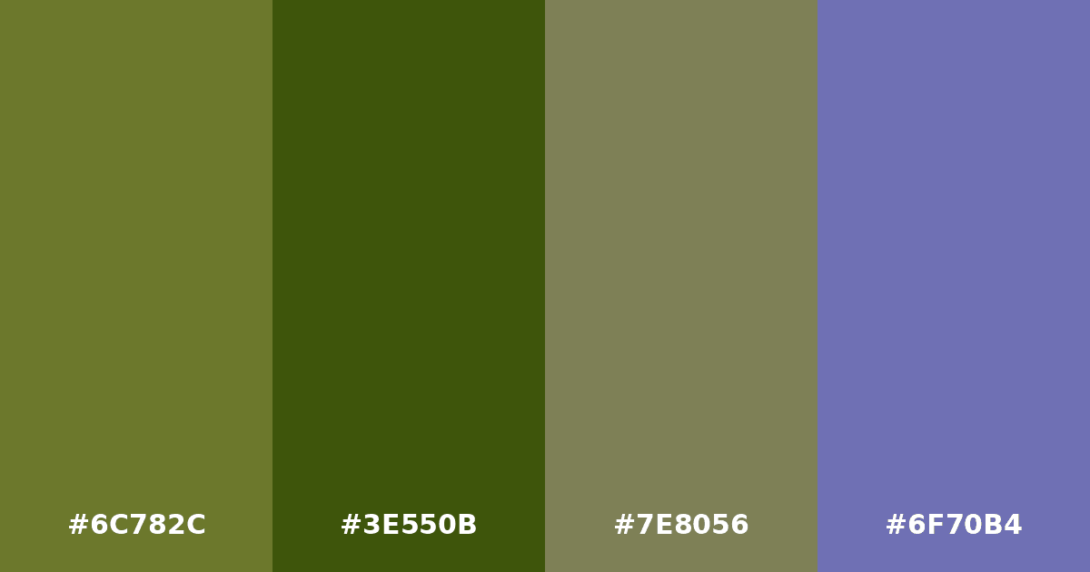 Color palette #6C782C #3E550B #7E8056 #6F70B4