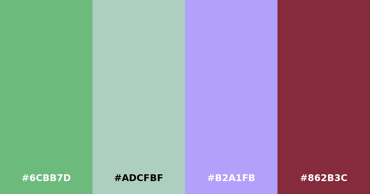 Color palette #6CBB7D #ADCFBF #B2A1FB #862B3C