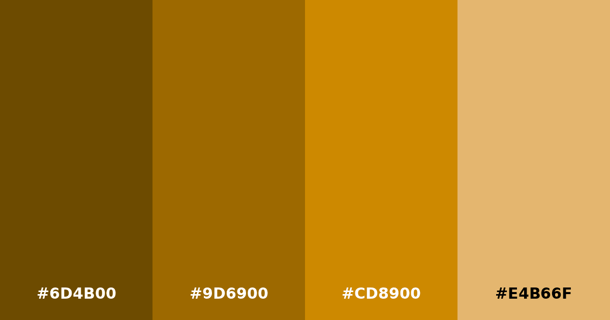 Color palette #6D4B00 #9D6900 #CD8900 #E4B66F