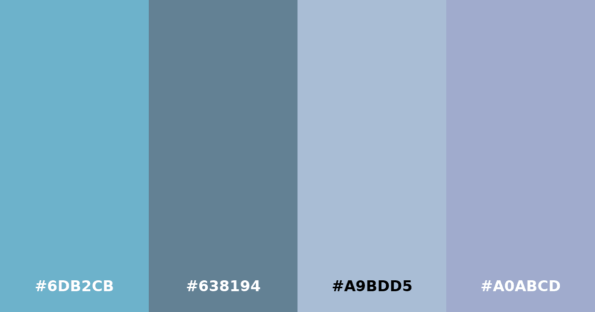 Color palette #6DB2CB #638194 #A9BDD5 #A0ABCD