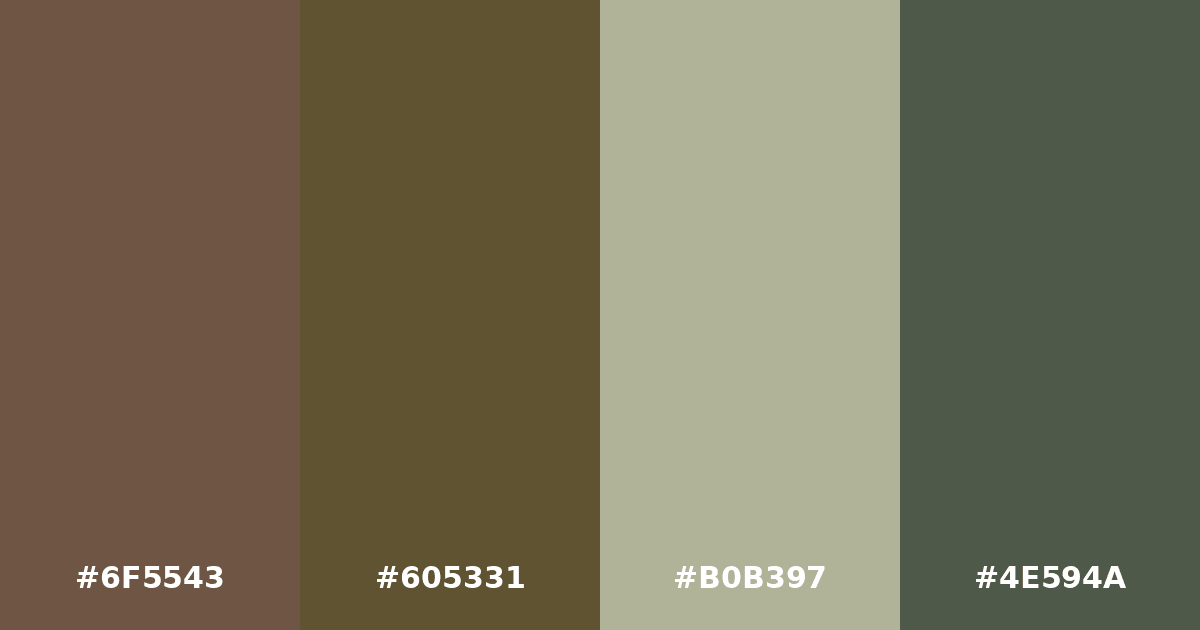 Color palette #6F5543 #605331 #B0B397 #4E594A