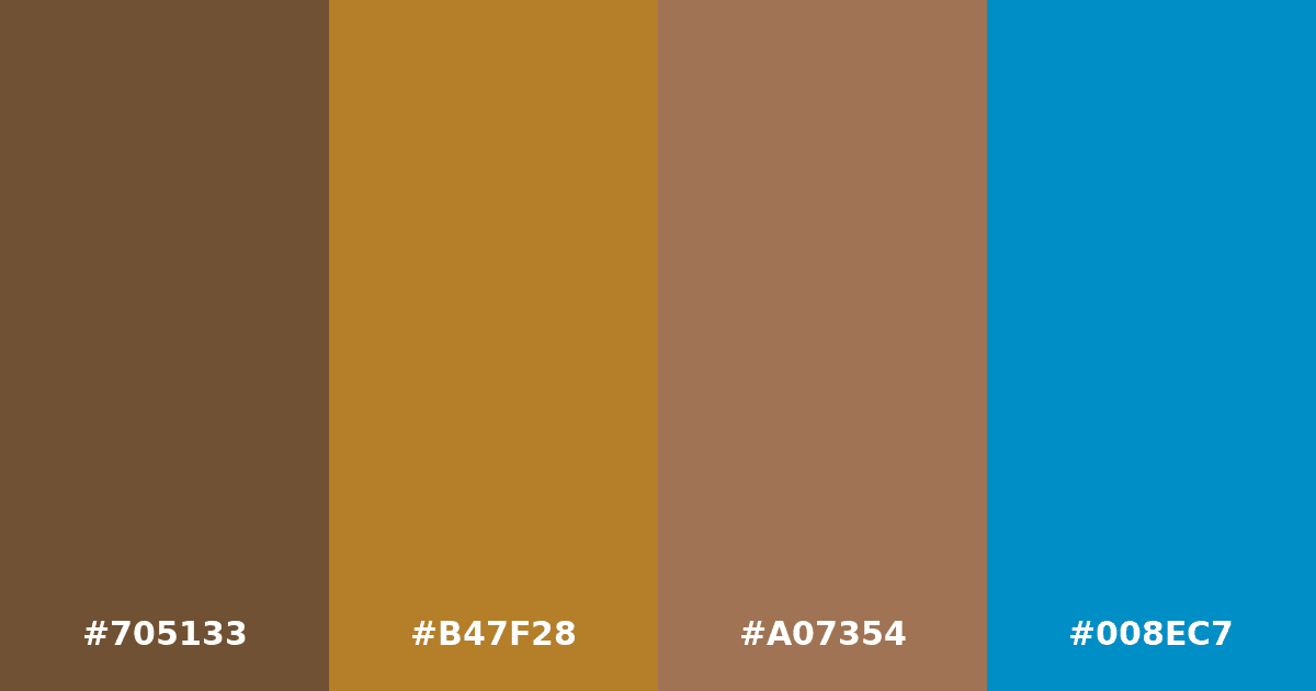 Color palette #705133 #B47F28 #A07354 #008EC7