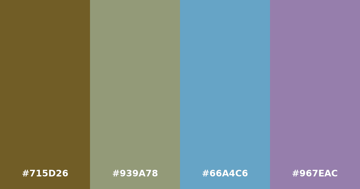 Color palette #715D26 #939A78 #66A4C6 #967EAC