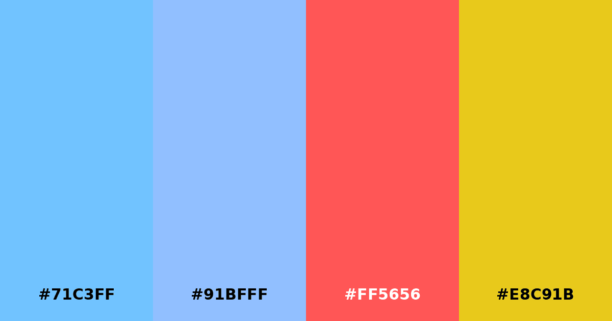 Color palette #71C3FF #91BFFF #FF5656 #E8C91B