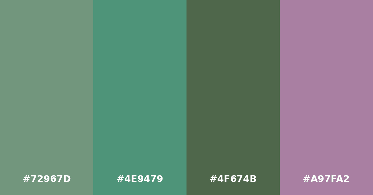 Color palette #72967D #4E9479 #4F674B #A97FA2