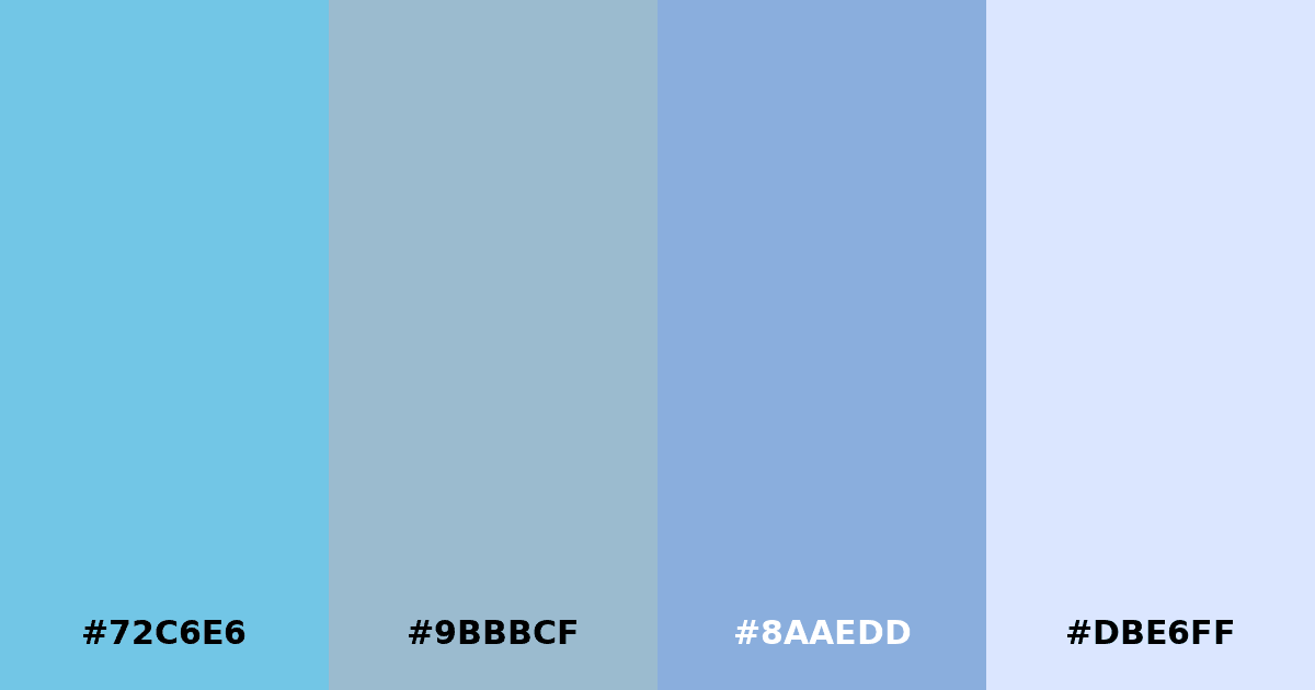 Color palette #72C6E6 #9BBBCF #8AAEDD #DBE6FF