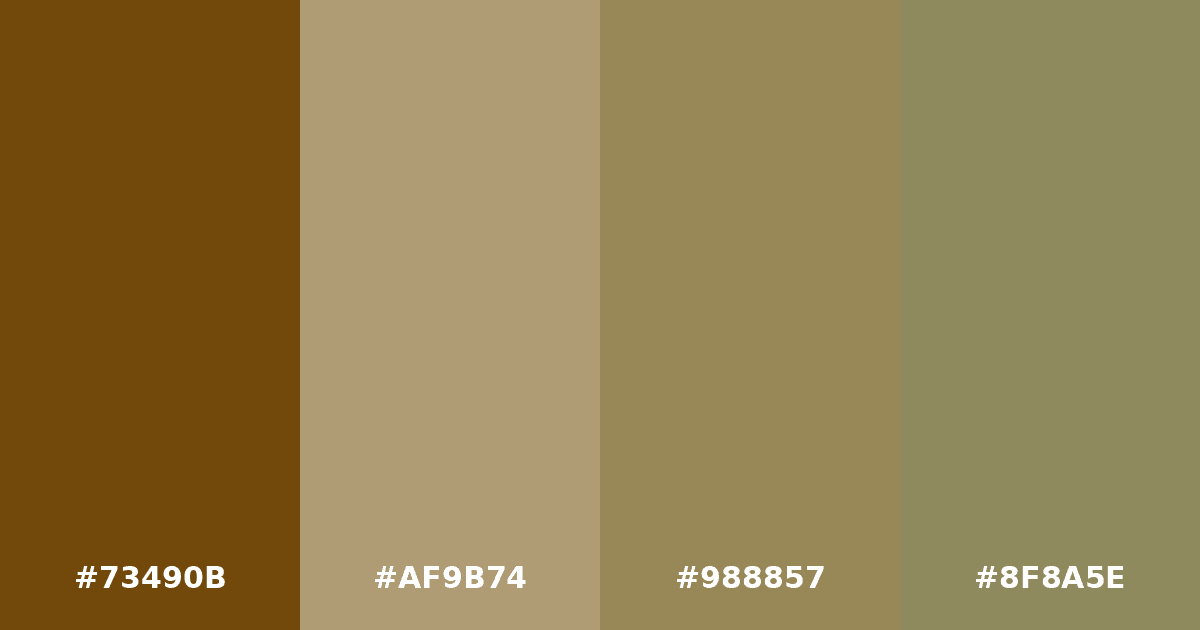 Color palette #73490B #AF9B74 #988857 #8F8A5E