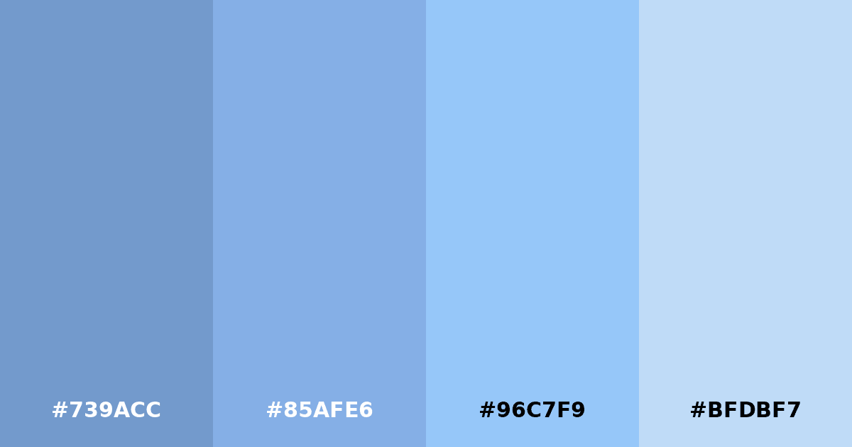 Color palette #739ACC #85AFE6 #96C7F9 #BFDBF7